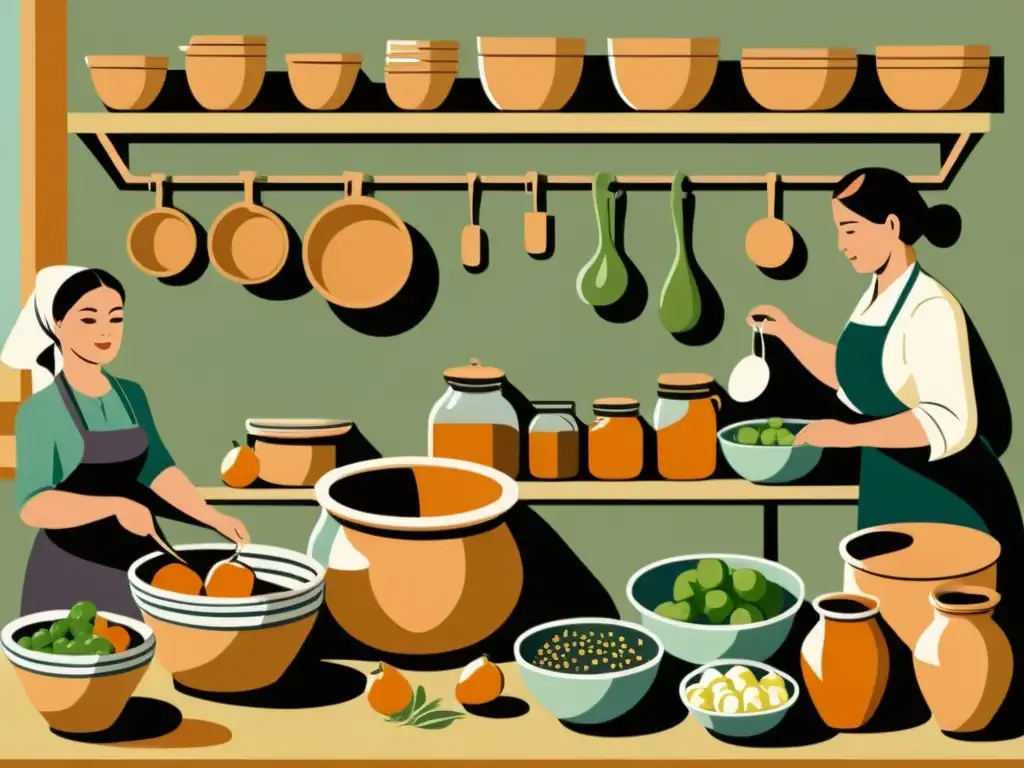 Una escena de cocina tradicional ilustrada, mostrando técnicas ancestrales de preservar alimentos en una atmósfera cálida y sepia