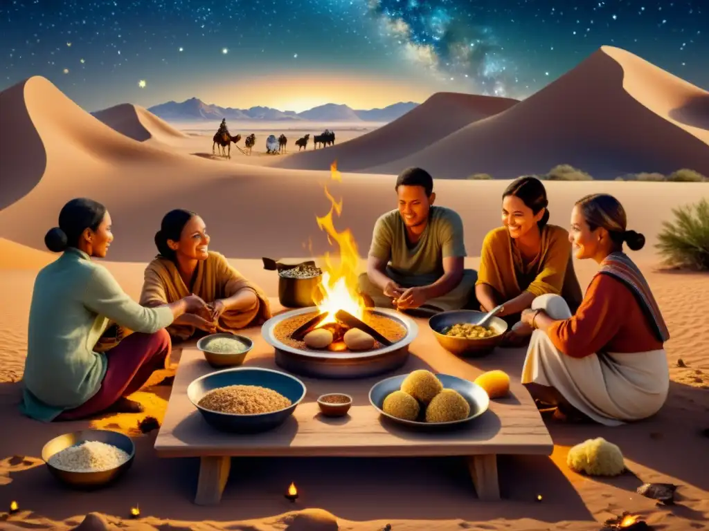 Una escena de comida tradicional en el desierto, con personas reunidas alrededor de una mesa con alimentos y ingredientes