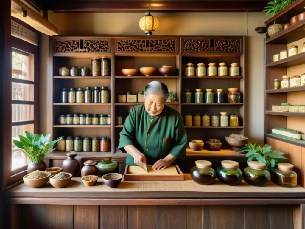 Escena detallada de una antigua tienda de medicina herbal china, con estantes llenos de hierbas secas en frascos