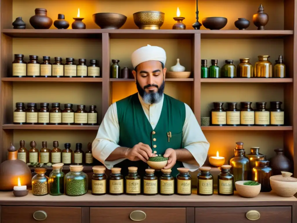 Una escena detallada de un antiguo boticario islámico, con estantes llenos de frascos de hierbas, aceites esenciales y ingredientes de animales