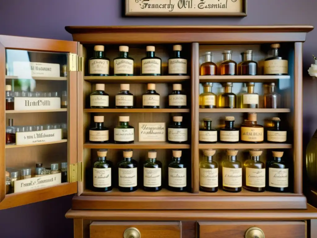 Una escena encantadora de un antiguo gabinete de botica lleno de aceites esenciales históricos, con etiquetas elegantes y cálida madera envejecida