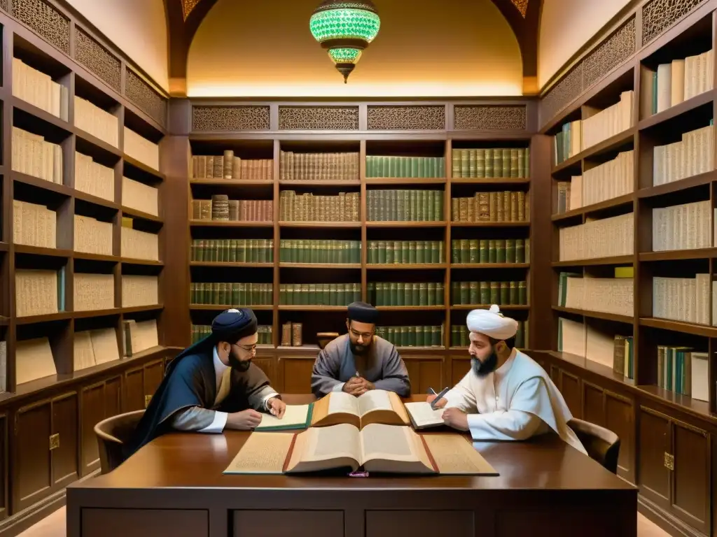 Escena de estudio en una biblioteca islámica con eruditos y antiguos textos médicos, evocando el desarrollo de la medicina islámica