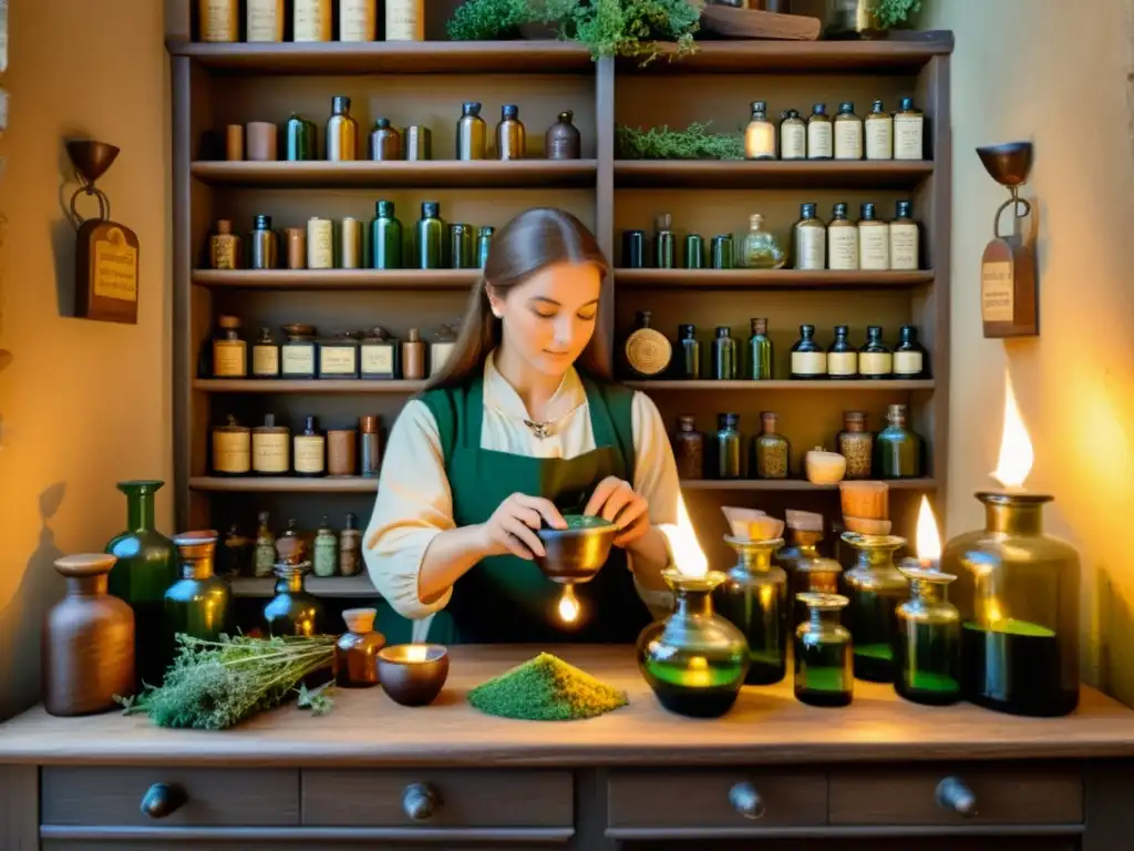 Escena evocadora de una antigua botica medieval, con hierbas, pociones, un sabio boticario y un cliente examinando medicina