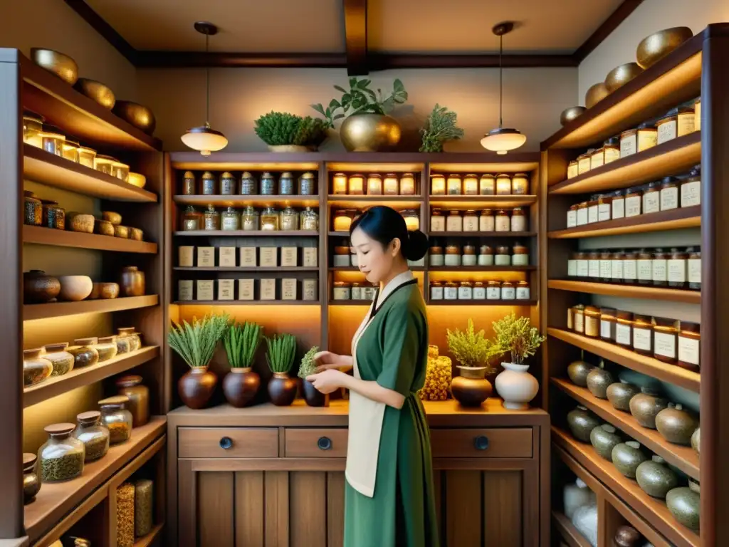 Escena evocadora de una antigua farmacia de medicina china con hierbas y raíces