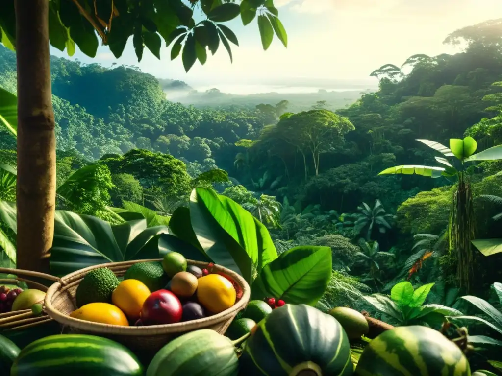 Escena exuberante de la selva amazónica con frutas, verduras y plantas medicinales