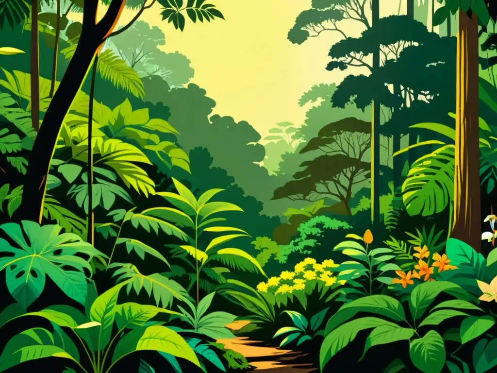 Escena exuberante de la selva lluviosa con una variedad de plantas nativas