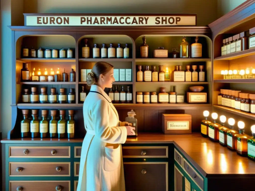 Apothecary vintage: escena detallada y nostálgica Escena de una farmacia tradicional europea, iluminada por cálidas velas, con estantes llenos de frascos y un farmacéutico atendiendo a un cliente