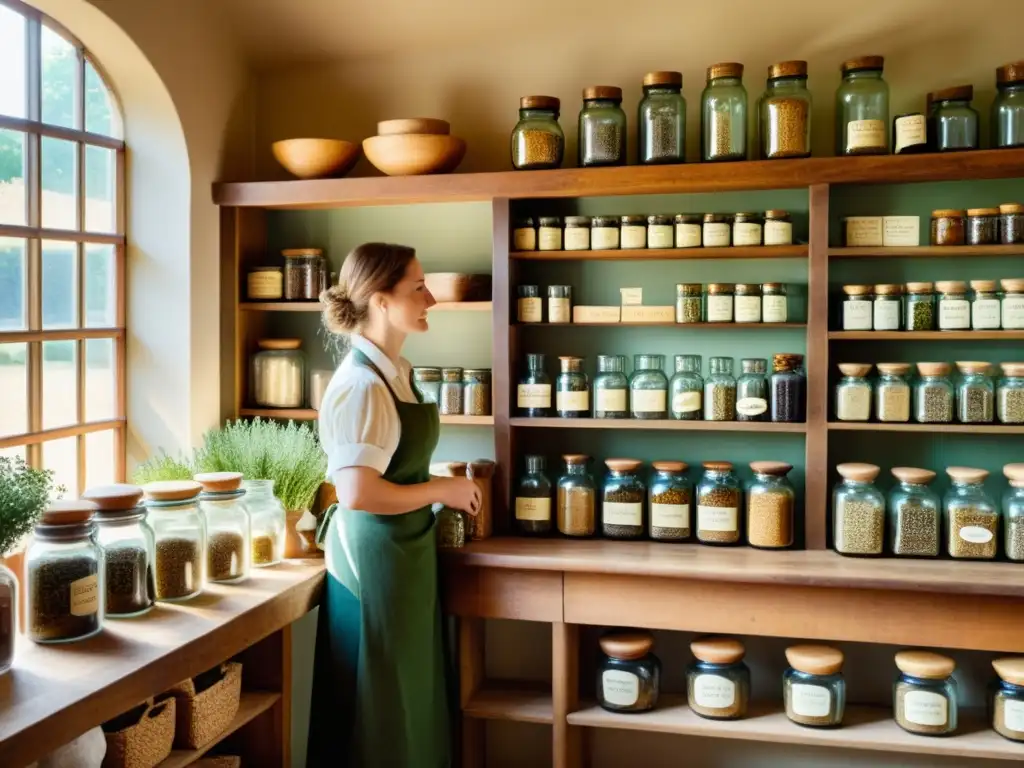 Escena de una herboristería tradicional con estantes llenos de frascos de hierbas medicinales y un herbolario conversando con un cliente, reflejando el uso de hierbas medicinales tradicionales en la vida cotidiana