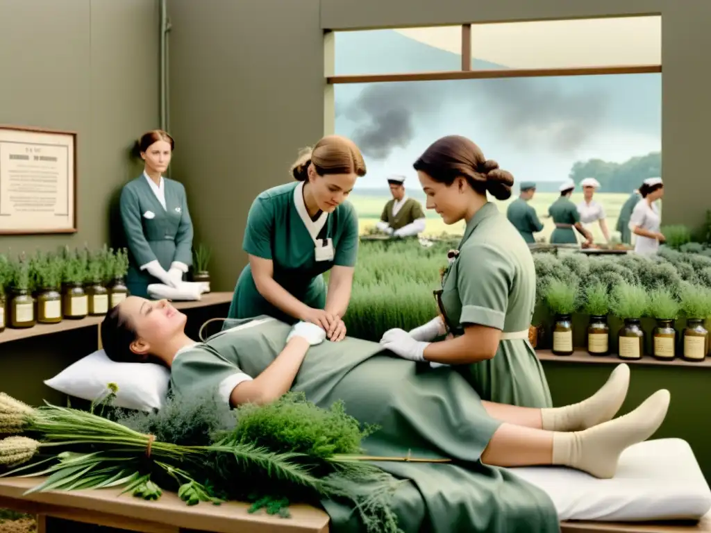 Escena de hospital de campaña en guerra con enfermeras atendiendo soldados heridos y utilizando plantas medicinales