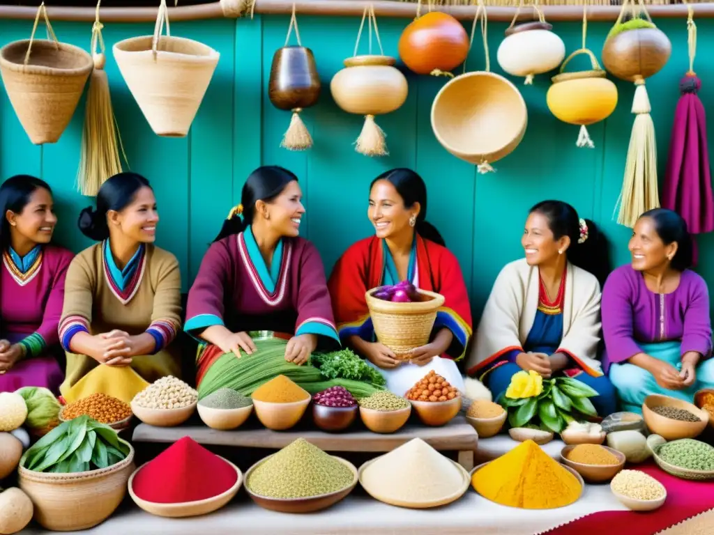 Escena de mercado peruano tradicional con textiles coloridos, personas en trajes típicos y remedios naturales