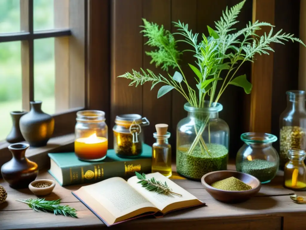 Escena de mesa antigua con hierbas secas, libros y frascos de líquidos