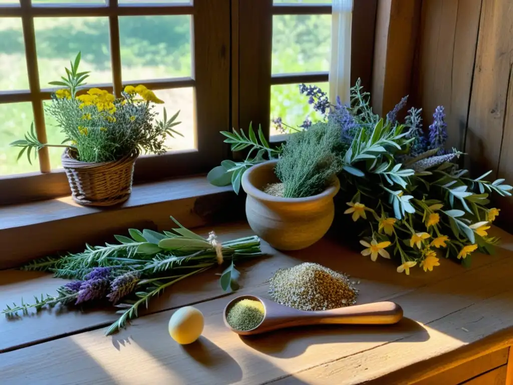 Escena de mesa de madera antigua con hierbas secas y utensilios de curación, evocando prácticas de curación en medicina tradicional