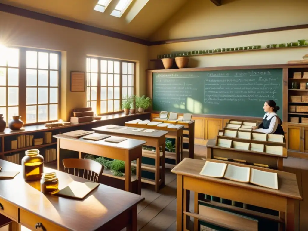 Una escena nostálgica de aula de medicina tradicional, con estudiantes y maestro