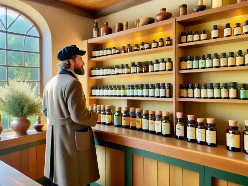 Escena nostálgica en una botica tradicional con aceites esenciales y hierbas