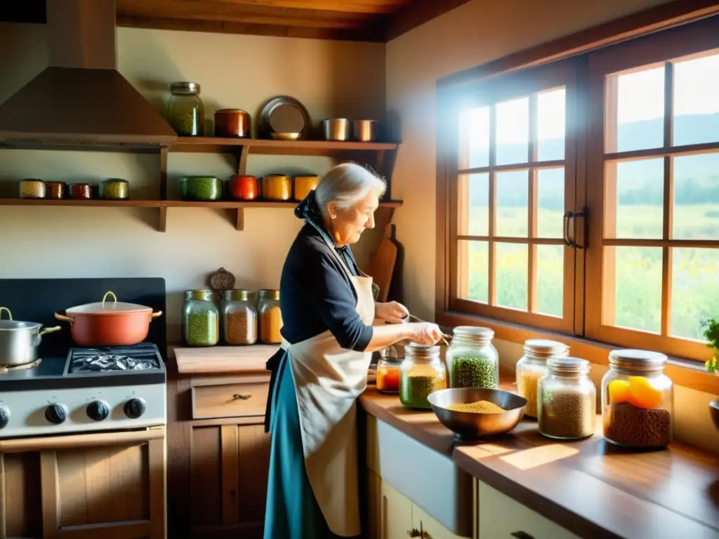 Una escena nostálgica en la cocina con una abuela cocinando recetas tradicionales medicinales