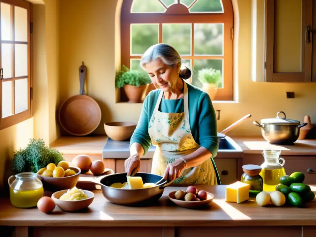 Una escena nostálgica de una cocina mediterránea tradicional, con una mujer mayor cocinando sabiamente con grasas naturales