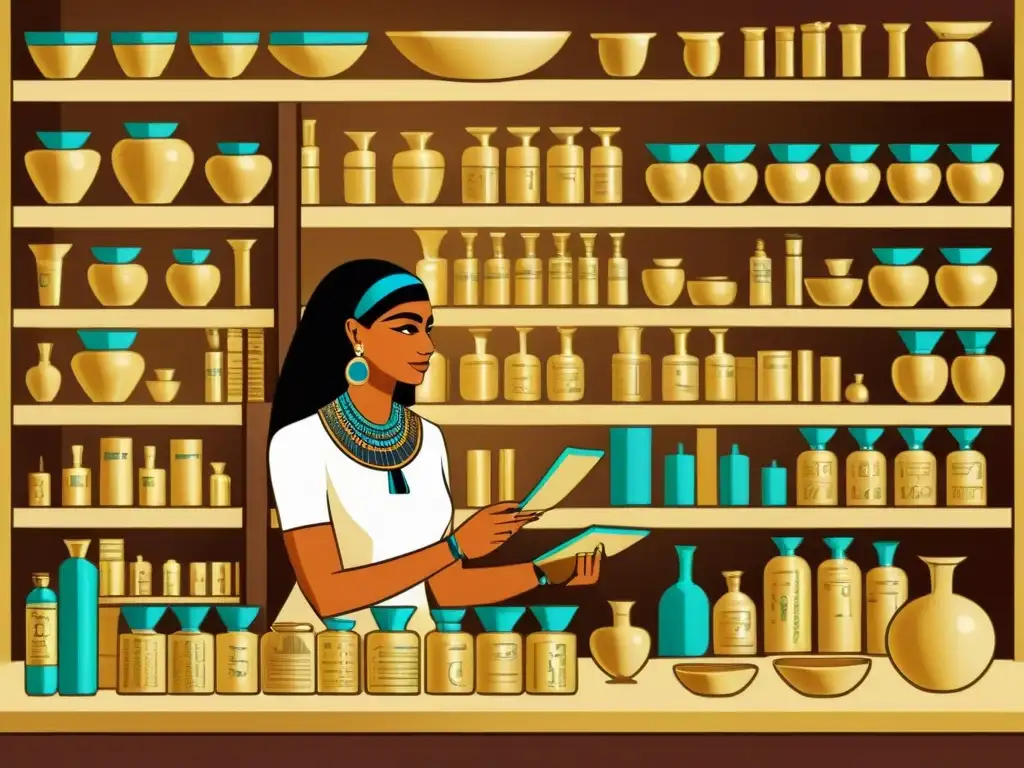 Escena de prácticas medicinales del Antiguo Egipto en un apotecario antiguo iluminado por lámparas de aceite, con frascos de barro y jeroglíficos