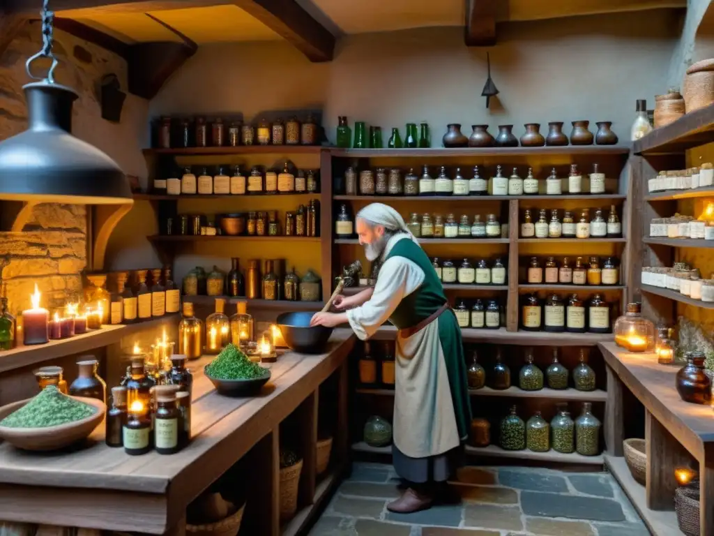 Escena de una tienda de herboristería medieval con una atmósfera de sabiduría ancestral y medicina herbal en Europa medieval