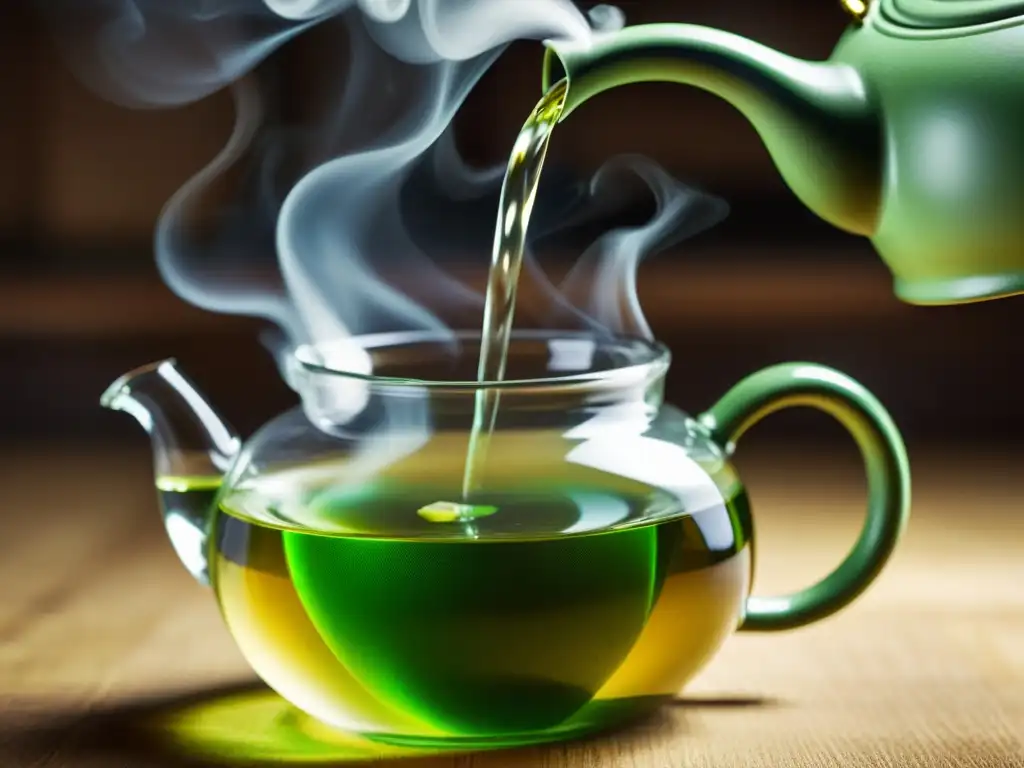 Una escena tranquila de hojas de té verde fresco en infusión en una tetera china, evocando los beneficios del té verde para longevidad