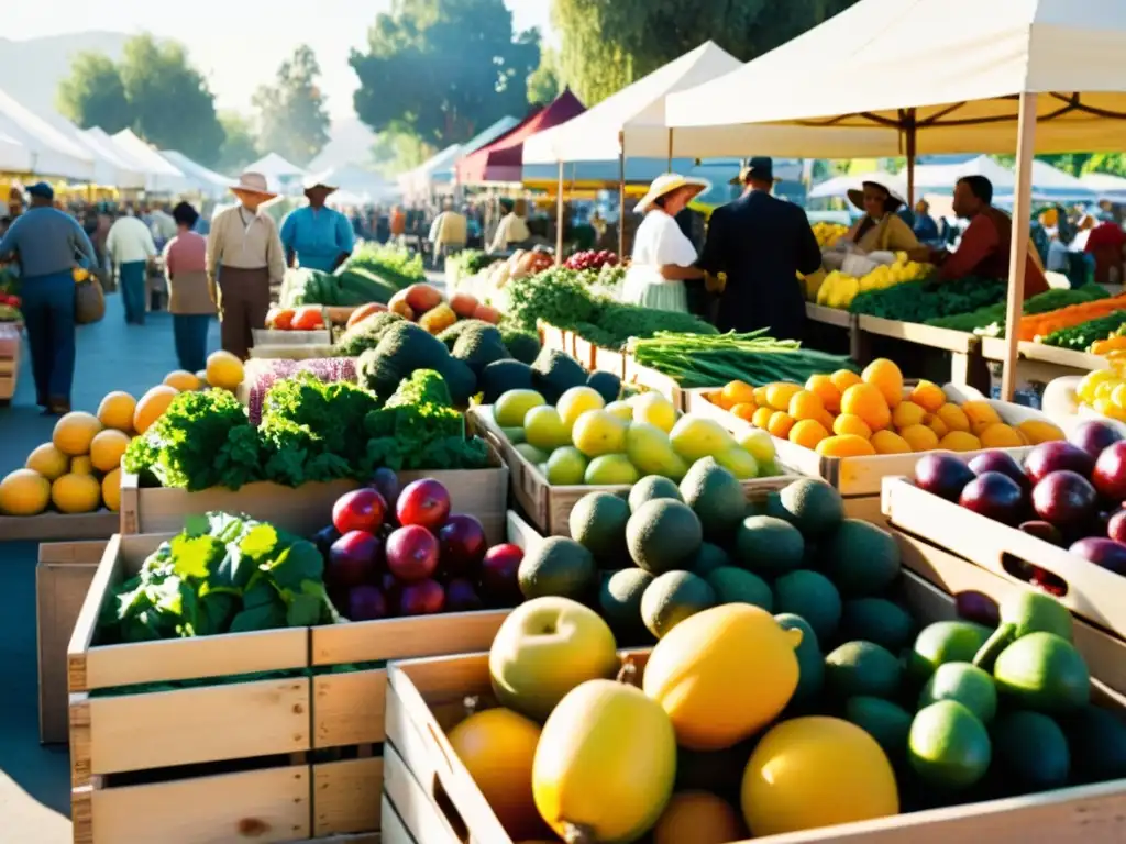 Una escena vibrante de un bullicioso mercado de agricultores en Loma Linda, con frutas, verduras y hierbas coloridas