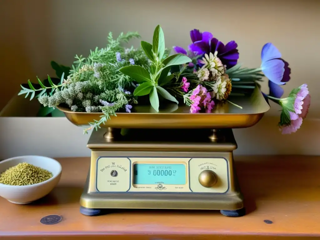 Una escena vintage de una balanza de farmacia con hierbas y flores secas, evocando sabiduría herbal