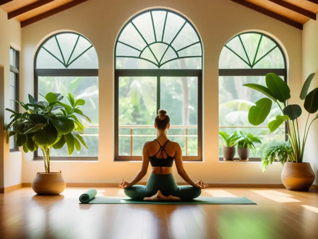 Una escena vintage de un estudio de yoga sereno, iluminado por luz natural, con plantas exuberantes