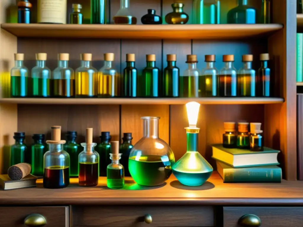 Detallada ilustración vintage de laboratorio con esencias Escena vintage de laboratorio con aceites esenciales, libros antiguos y científico etiquetando frasco con pluma de ave