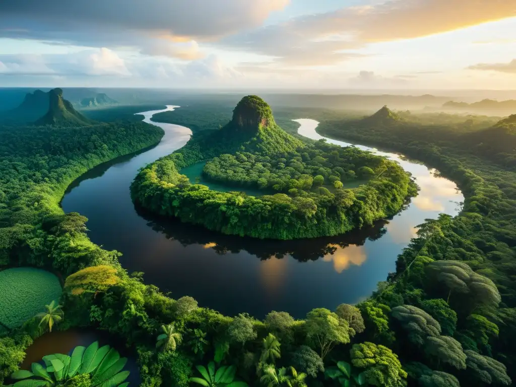 Una escena vívida del Amazonas con alimentos curativos y medicina indígena, reflejando la belleza natural y la abundancia de la región