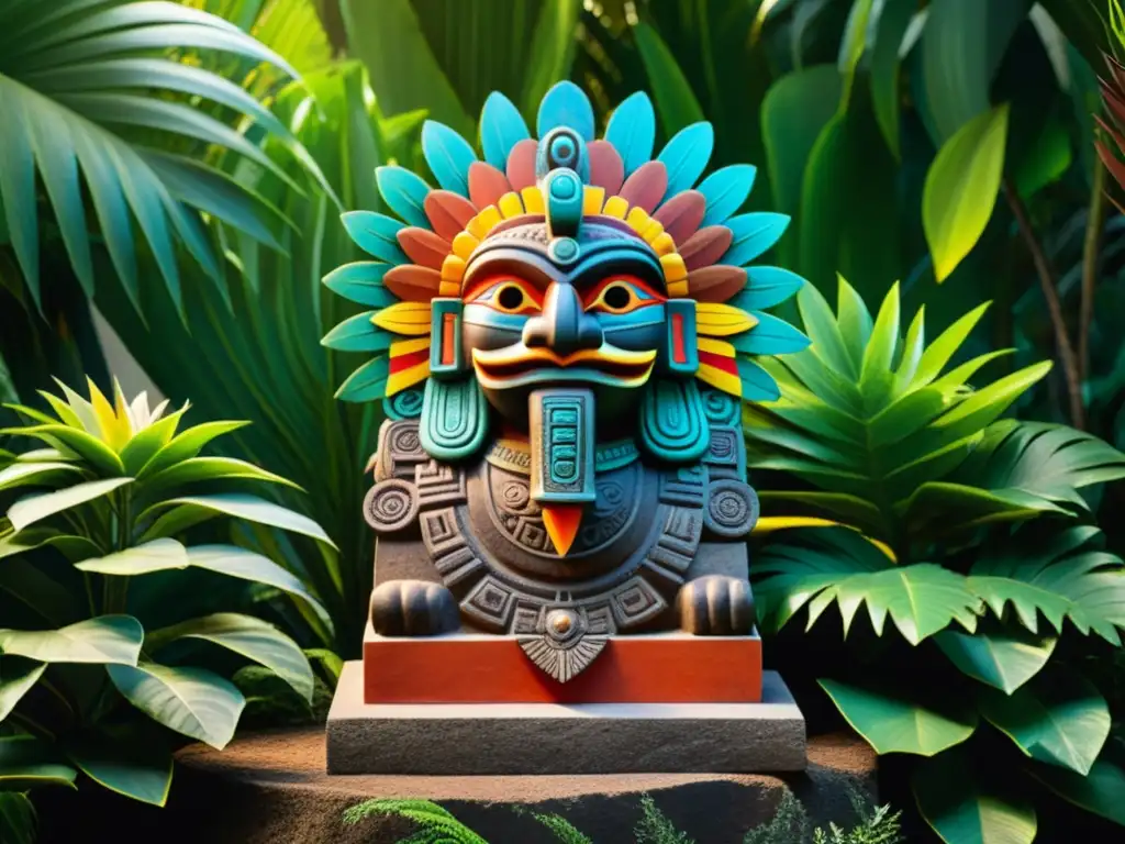 Escultura azteca de Quetzalcóatl entre la exuberante vegetación, evocando la mitología y la medicina tradicional mesoamericana