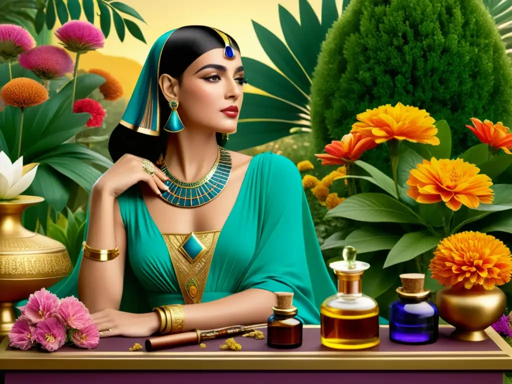 Cleopatra prepara esencia en jardín lujoso con recetas antiguas medicina tradicional