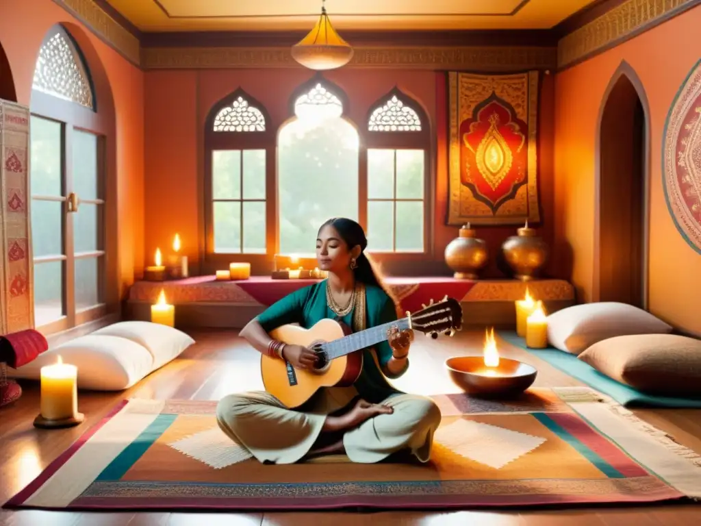 Un espacio de sanación ayurvédica con música de sitar y meditación, emanando un ambiente tranquilo y cálido