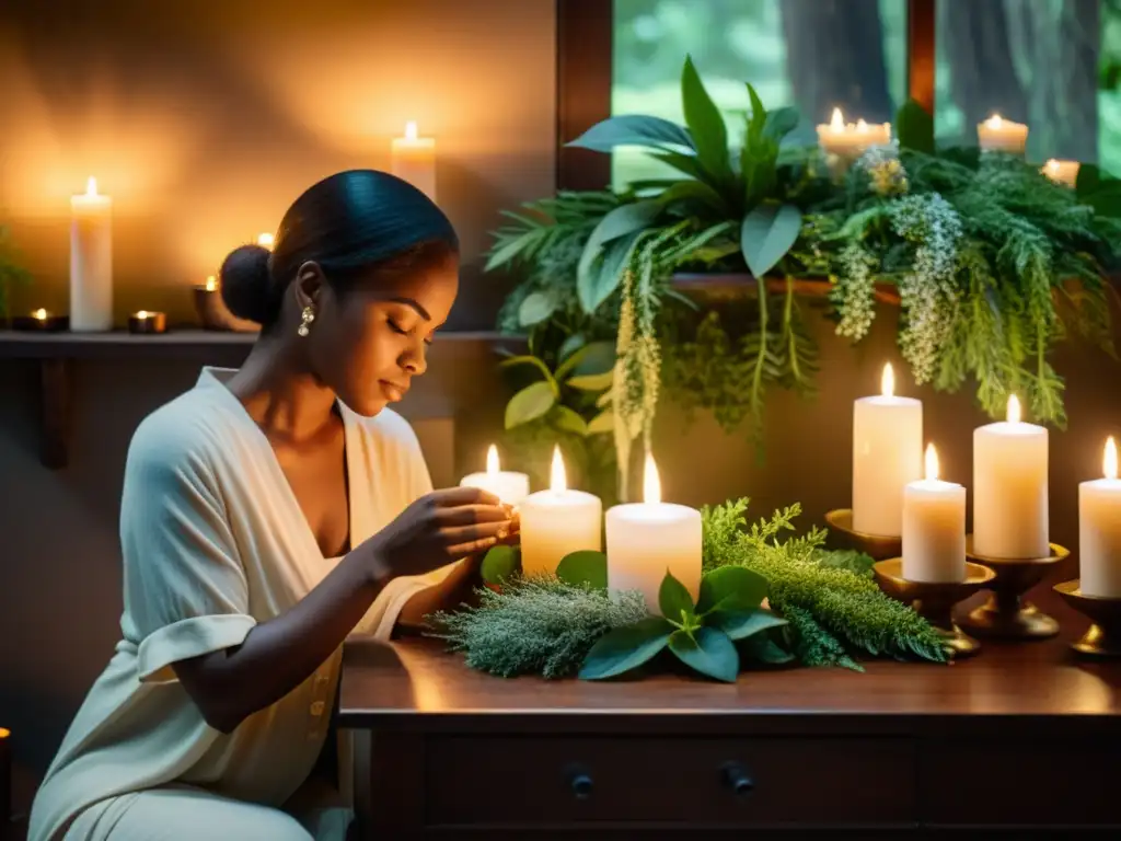 Un espacio sereno iluminado por velas, donde una persona realiza un ritual de sanación holística rodeada de plantas y cristales