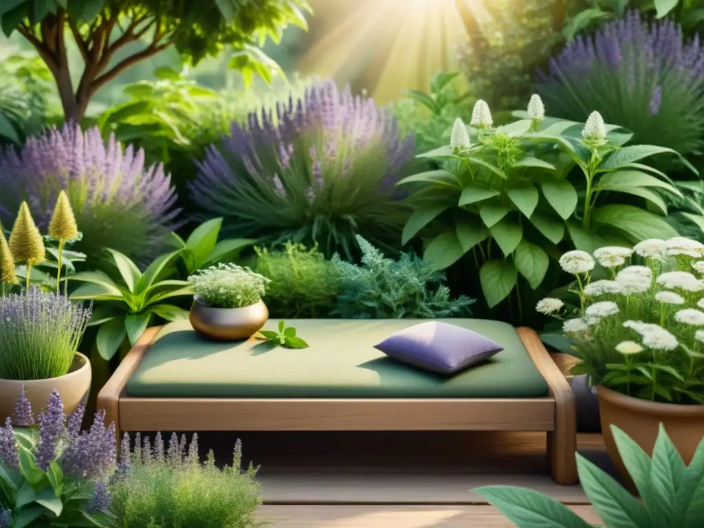 Un espacio de meditación sereno rodeado de exuberante vegetación, con hierbas medicinales para bienestar emocional