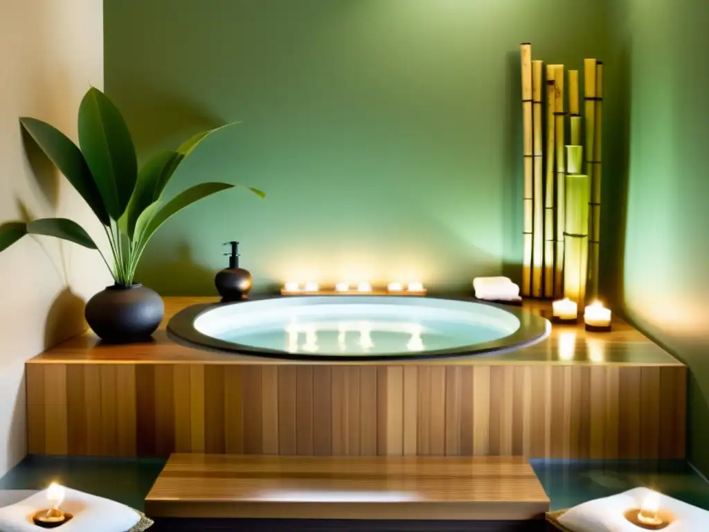 Espacio de spa vintage con influencia del Feng Shui, evocando armonía y equilibrio con elementos naturales y tonos terrosos