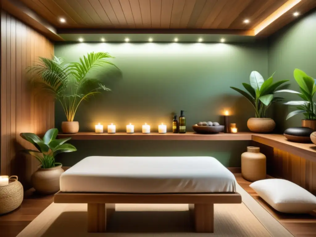 Espacio de spa vintage con influencia del Feng Shui, mesa de masajes de madera, plantas verdes y ambiente relajante