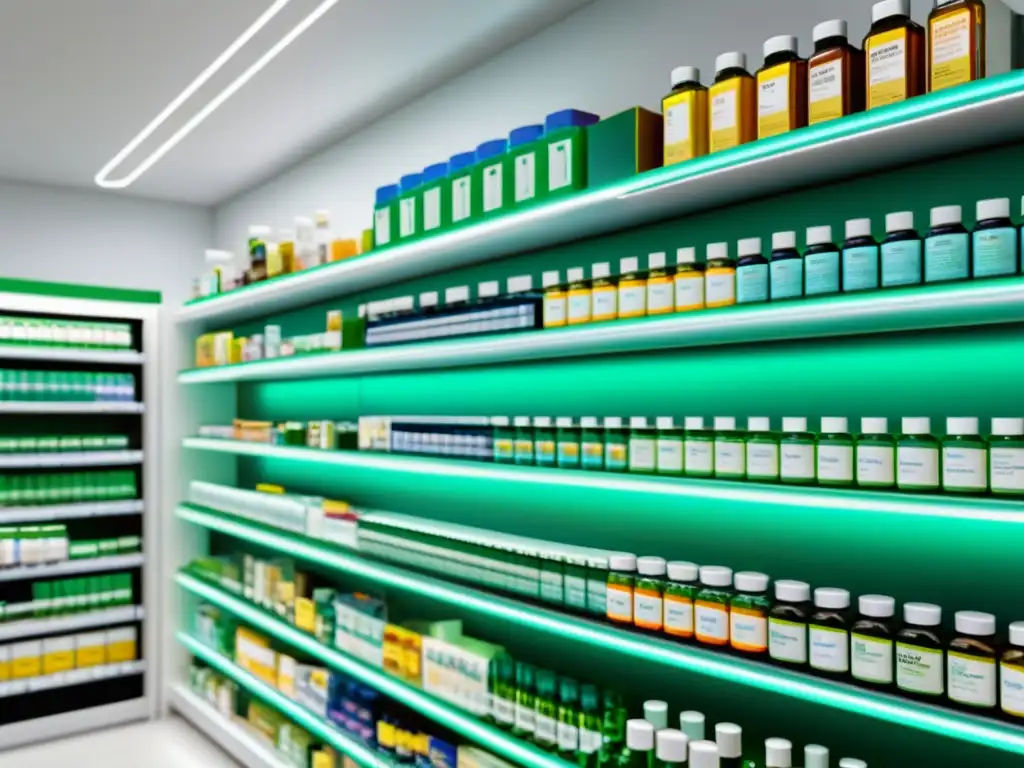 Estantería de farmacia moderna con suplementos, hierbas y medicamentos convencionales ordenados, transmitiendo variedad y compatibilidad