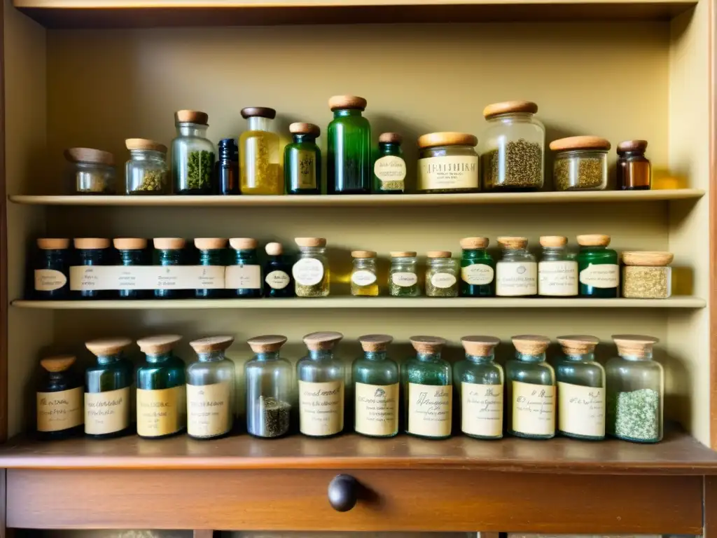 Una estantería de botica vintage llena de minerales y hierbas, con etiquetas manuscritas que indican sus propiedades medicinales