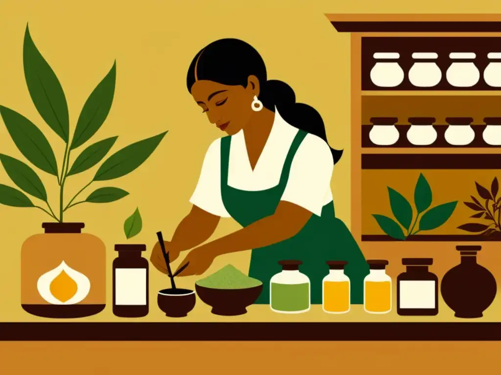 Un ilustración al estilo vintage de un herbolario tradicional indio preparando remedios a base de Neem, mostrando el meticuloso proceso de dosificación y formulación de la medicina herbal