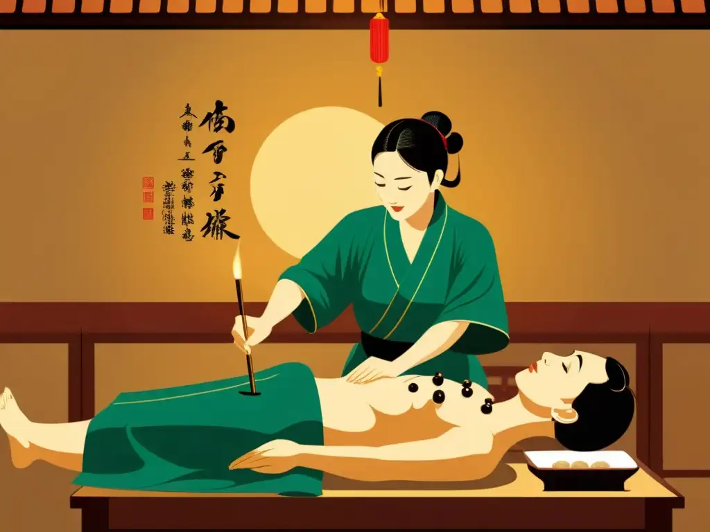 Un ilustración estilo vintage muestra a un practicante de medicina china aplicando moxibustión a un paciente en un entorno tranquilo y cálido