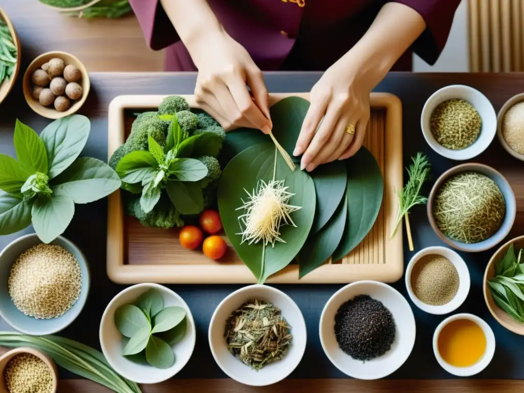 Un ilustración de estilo vintage muestra a un practicante de medicina tradicional china seleccionando y preparando hierbas e ingredientes, siguiendo los principios de la alimentación en la medicina tradicional china para maximizar la energía vital del cuerpo