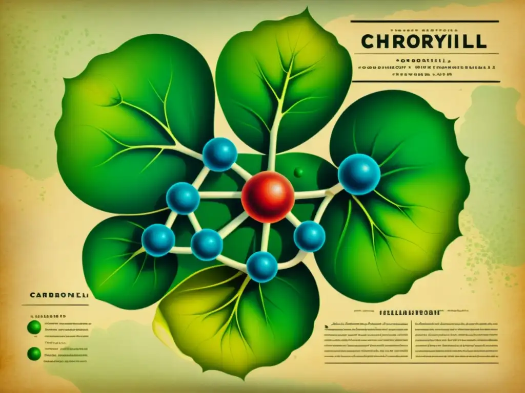 Una ilustración vintage de la estructura molecular de la clorofila, con detalles intrincados y colores vibrantes en un fondo de pergamino envejecido