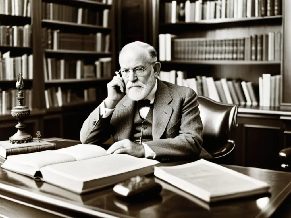 Sigmund Freud reflexiona en su estudio rodeado de libros y antigüedades, evocando la historia de la psicoterapia tradicional