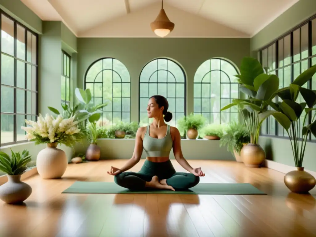 Un estudio de yoga vintage con plantas exuberantes, luz natural y meditación en una atmósfera tranquila