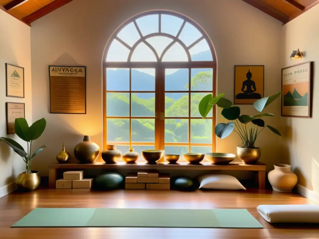 Un estudio vintage de yoga y Ayurveda para bienestar, con tonos cálidos y atmósfera serena