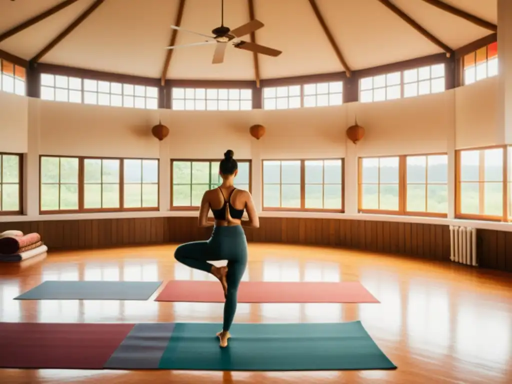 Un estudio de yoga sereno en India, con luz natural, tapices tradicionales y practicantes en poses tranquilas