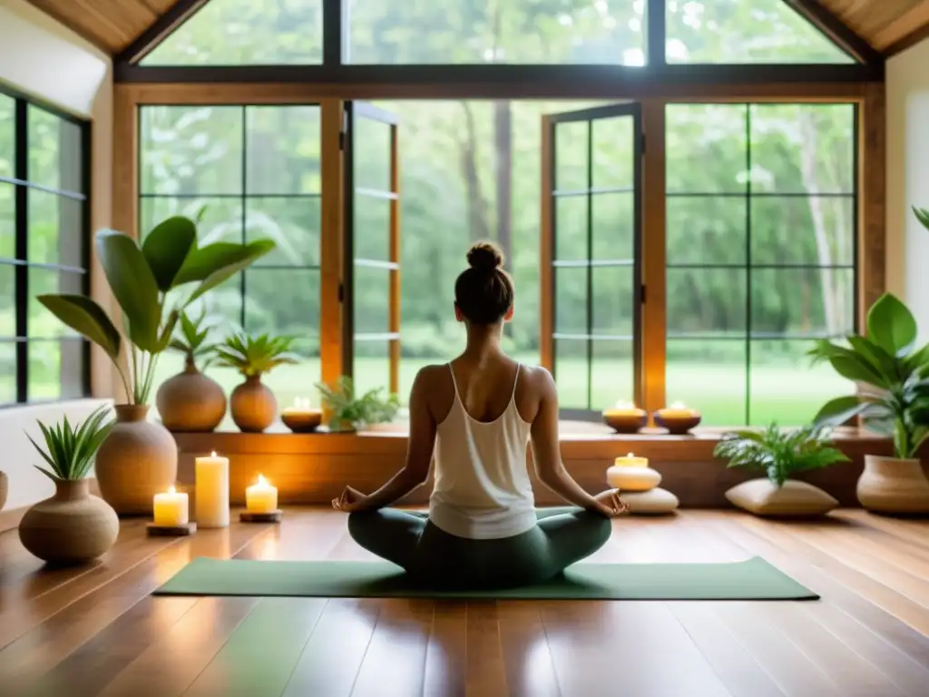 Un estudio de yoga sereno con luz natural y plantas, donde se practica meditación rodeado de aceites esenciales