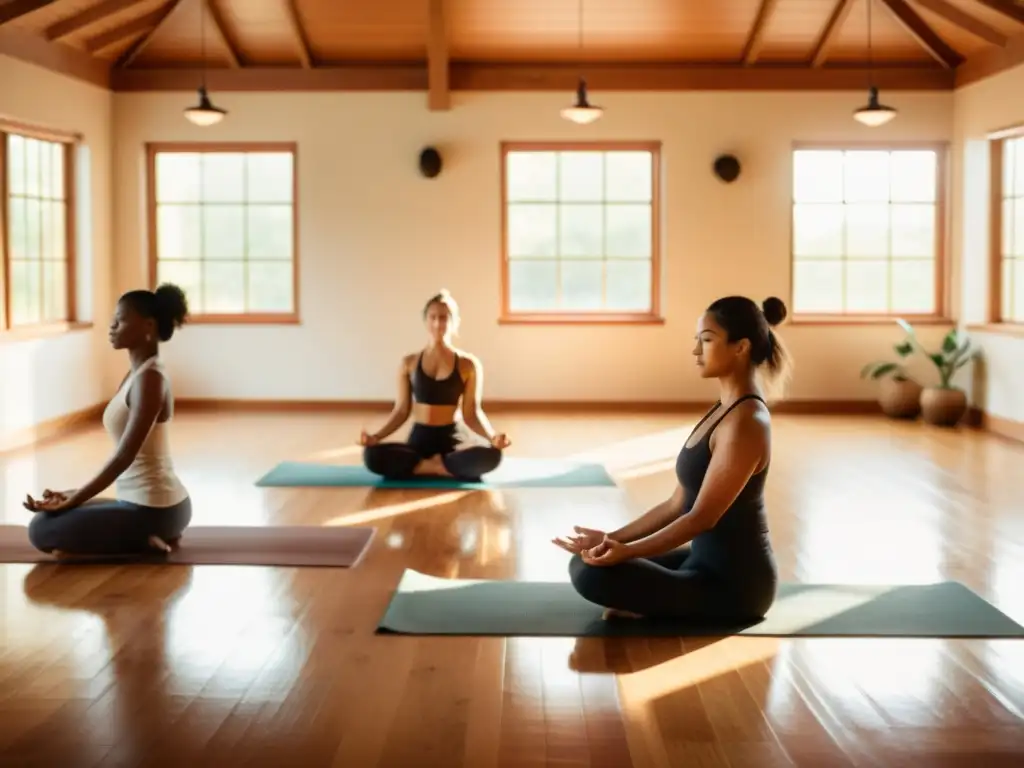 Un estudio de yoga sereno con luz natural, practicantes en poses diversas