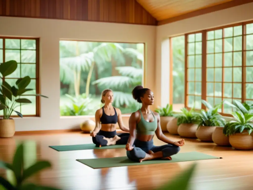 Un estudio de yoga sereno con iluminación natural y personas practicando yoga suave, guiados por un instructor