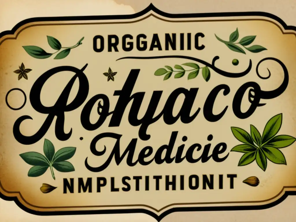 Una etiqueta apotecaria vintage detalla ingredientes orgánicos, con ilustraciones botánicas y textura de papel envejecido