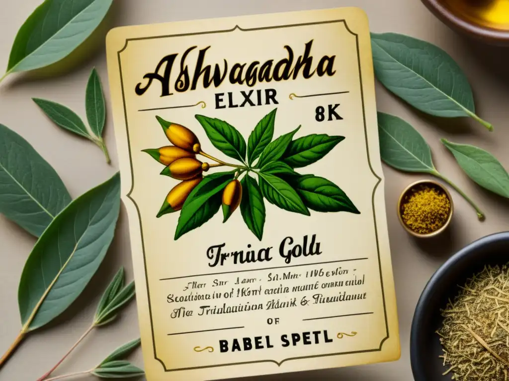 Etiqueta de botica vintage para 'Elixir de Ashwagandha' con ilustraciones botánicas detalladas, caligrafía antigua y beneficios medicina tradicional Ashwagandha